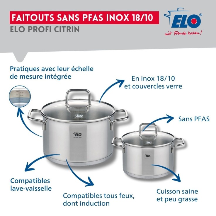 Batterie de cuisine Profi Citrin en inox - 3 poêles et 2 faitouts