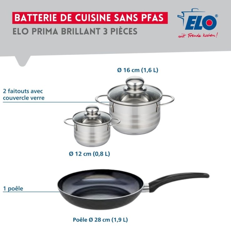 Batterie de cuisine Prima Brillant en aluminium et inox - 12, 16 et 28 cm