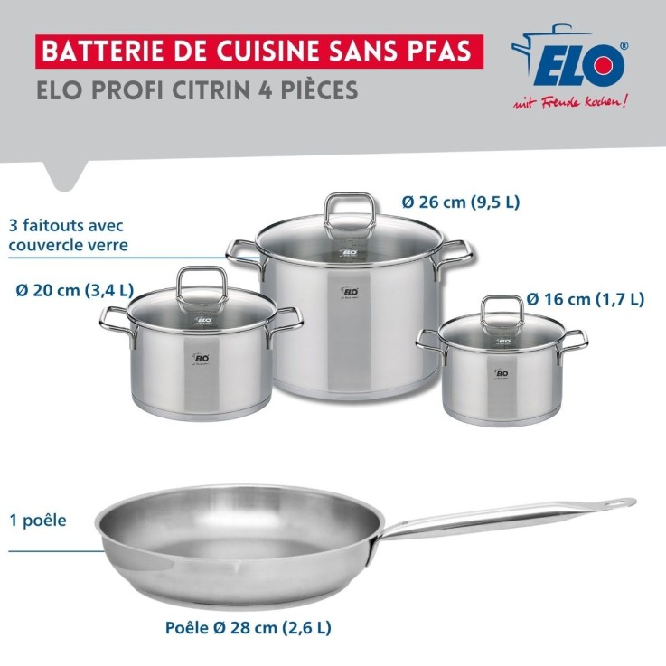 Batterie de cuisine Profi Citrin en inox - 16, 20, 26 et 28 cm