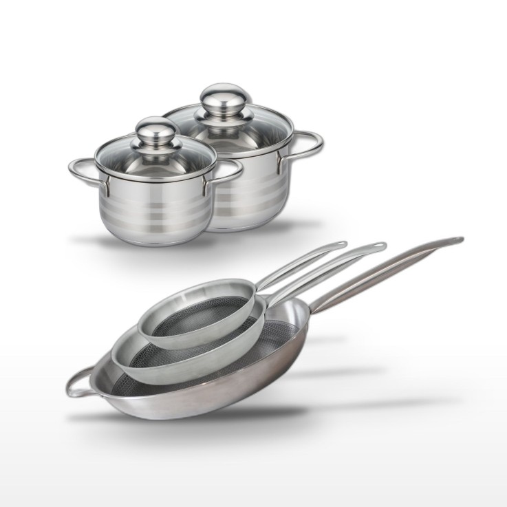 Batterie de cuisine Relief Solution en inox - 3 poêles et 2 faitouts