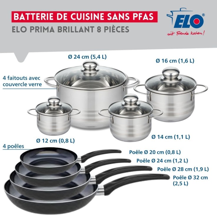 Batterie de cuisine Prima Brillant en aluminium et inox - 8 éléments - noire