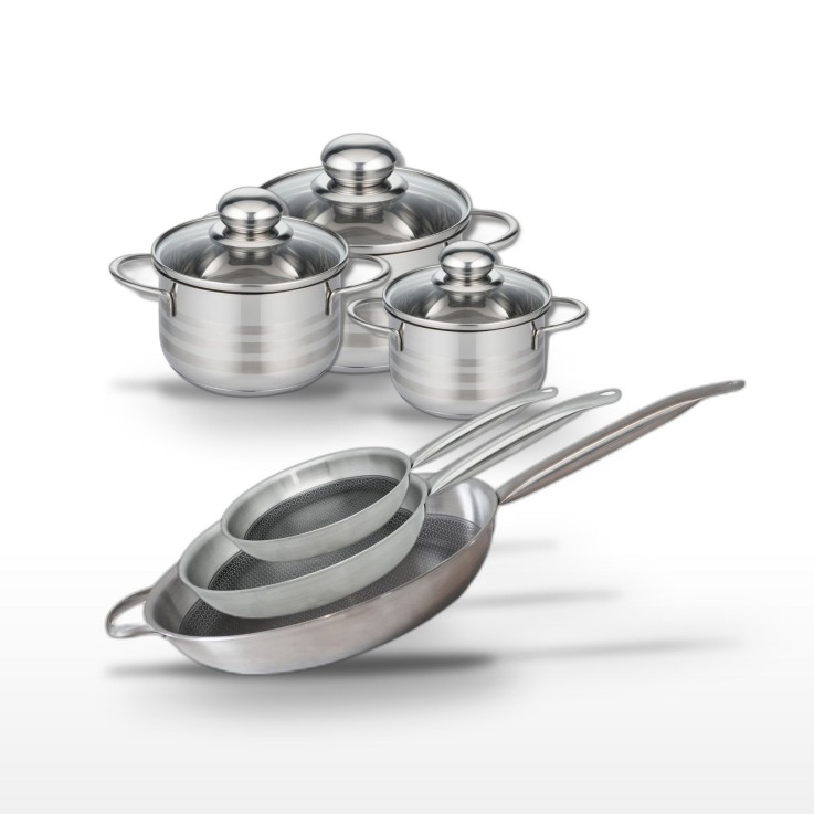 Batterie de cuisine Relief Solution en inox - 3 poêles et 3 faitouts