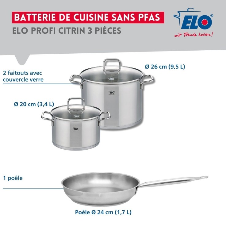 Batterie de cuisine Profi Citrin en inox - 20, 24 et 26 cm