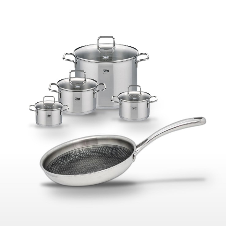 Batterie de cuisine Relief Evolution en inox - 4 faitouts et 1 poêle