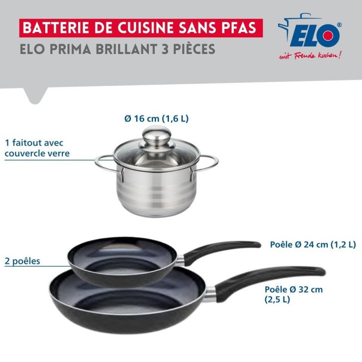 Batterie de cuisine Prima Brillant en aluminium et inox - 16/24/32 cm - noire