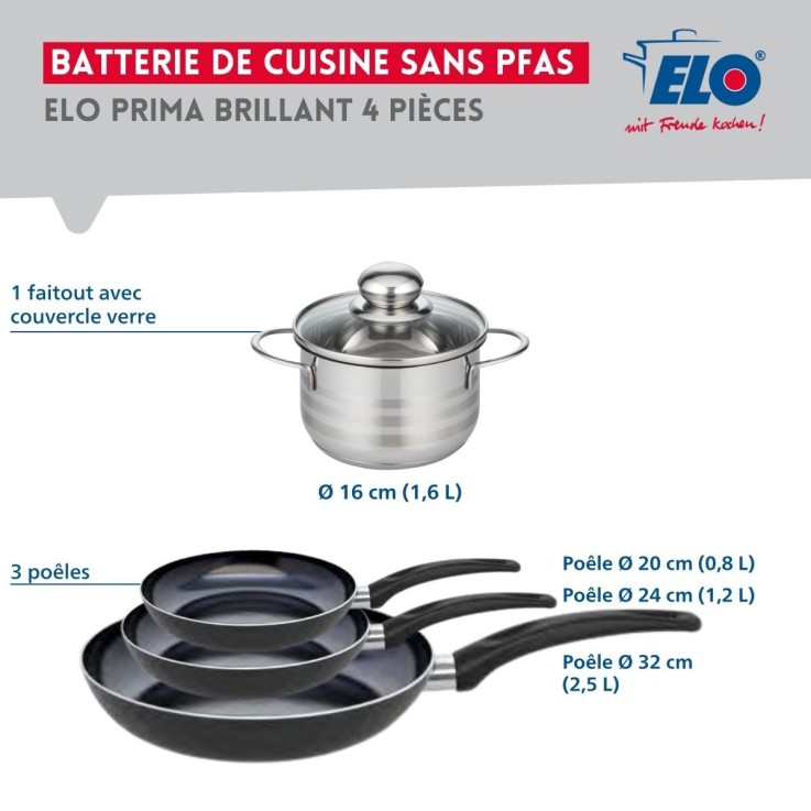 Batterie de cuisine Prima Brillant en aluminium et inox - 4 pièces - noire