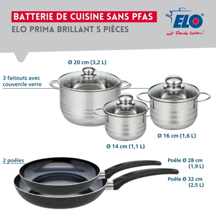 Batterie de cuisine Prima Brillant en aluminium et inox - 14/16/20/28/32 cm - noir