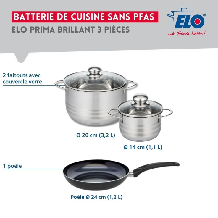 Batterie de cuisine Prima Brillant en aluminium et inox - 24 cm - 14 et 20 cm