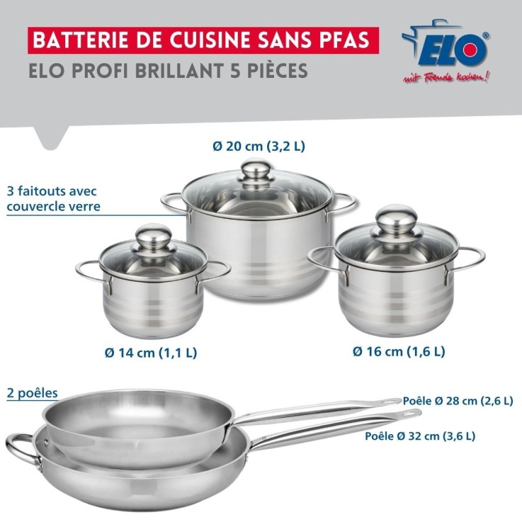 Batterie de cuisine Profi Brillant en inox - 5 pièces - 14 à 32 cm