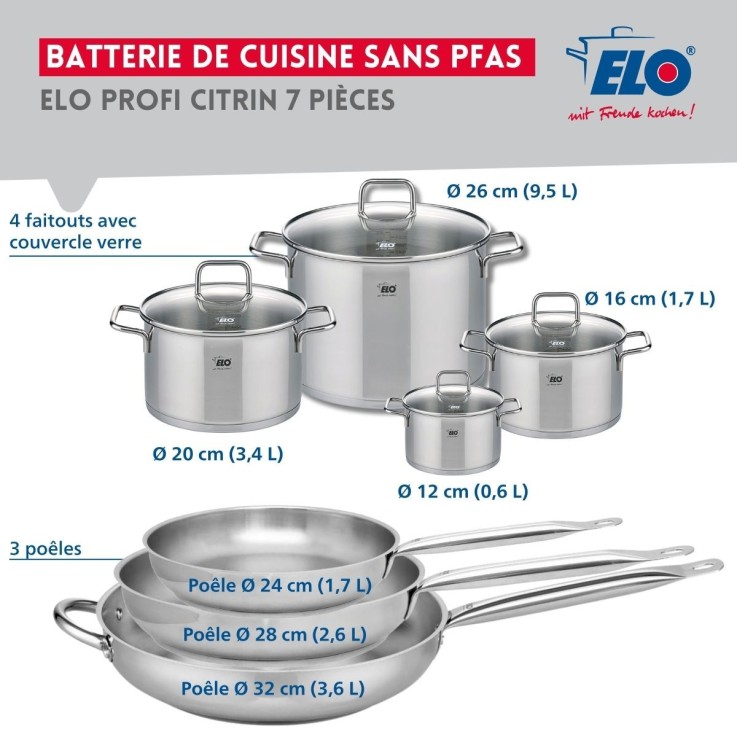 Batterie de cuisine Profi Citrin en inox - 3 poêles et 4 faitouts