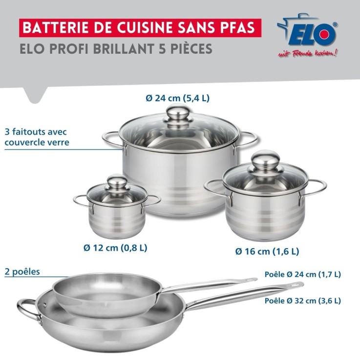 Batterie de cuisine Profi Brillant en inox - 2 poêles et 3 faitouts
