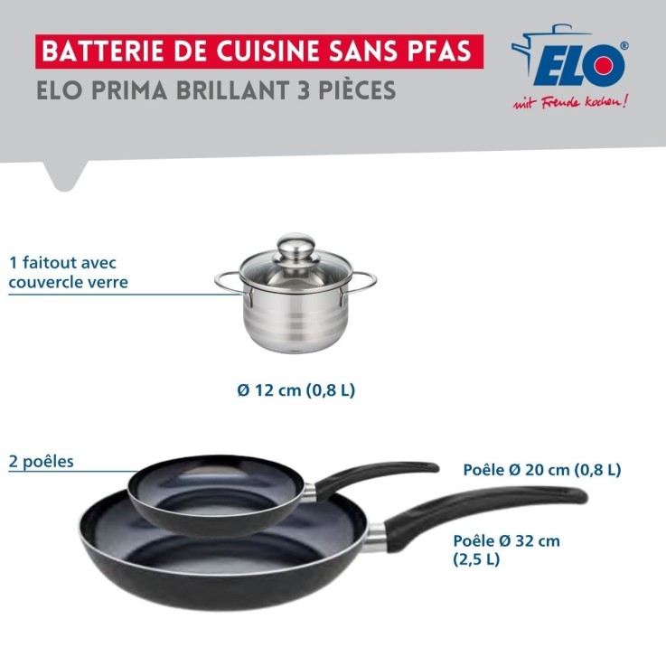 Batterie de cuisine Prima Brillant en aluminium et inox - 20, 32 et 12 cm - noire