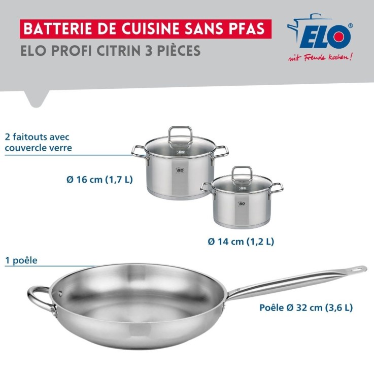 Batterie de cuisine Profi Citrin en inox - poêle 32 cm - 3 pièces