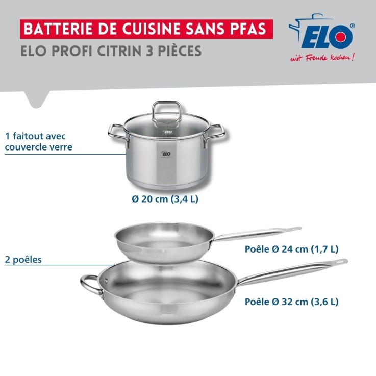 Batterie Profi Citrin en inox - 2 poêles 24/32 cm - faitout 20 cm