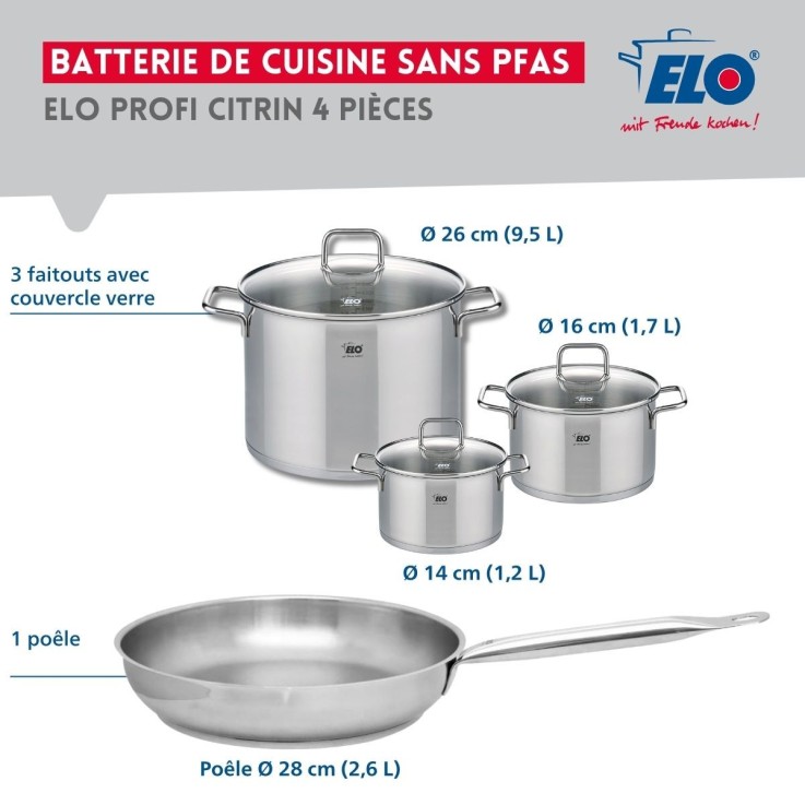 Batterie de cuisine Profi Citrin en inox - 4 pièces - poêle 28 cm