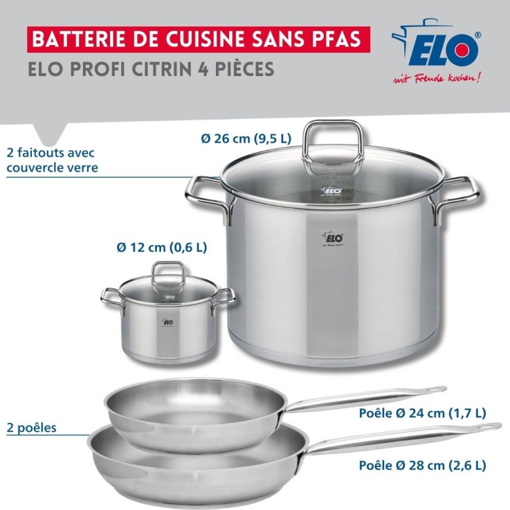 Batterie de cuisine Profi Citrin en inox - 2 poêles et 2 faitouts