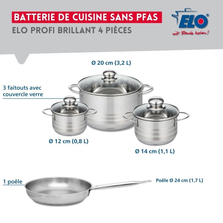 Batterie de cuisine Profi Brillant en inox - 24 cm, 12, 14 et 20 cm
