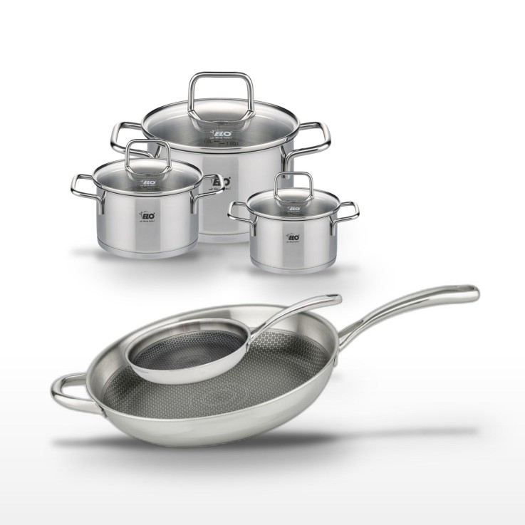 Batterie de cuisine Relief Evolution en inox - 2 poêles et 3 faitouts