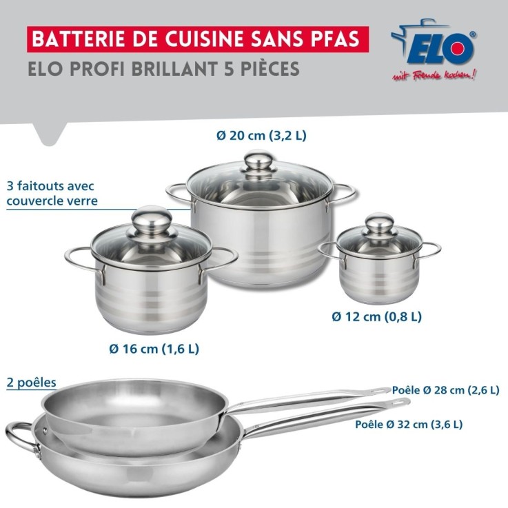 Batterie de cuisine Profi Brillant en inox - 2 poêles et 3 faitouts