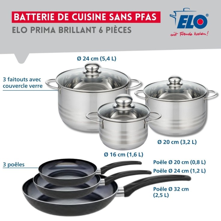 Batterie de cuisine Prima Brillant - 3 poêles et 3 faitouts - 16 à 32 cm