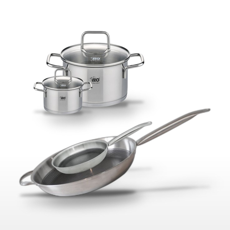 Batterie de cuisine Relief Solution en inox - 2 poêles et 2 faitouts