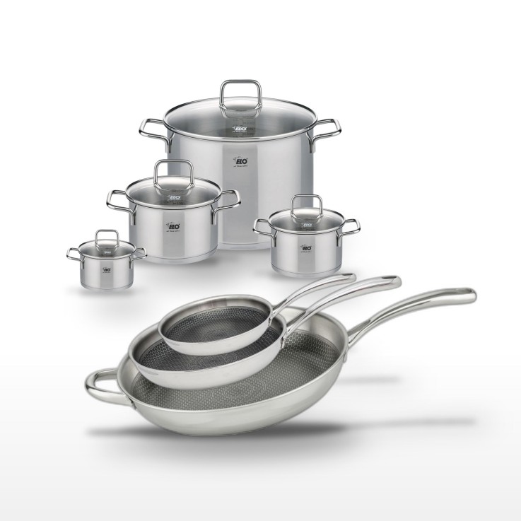 Batterie de cuisine Relief Evolution en inox - poêles 24, 28 et 32 cm - faitouts 12, 16, 20 et 26 cm