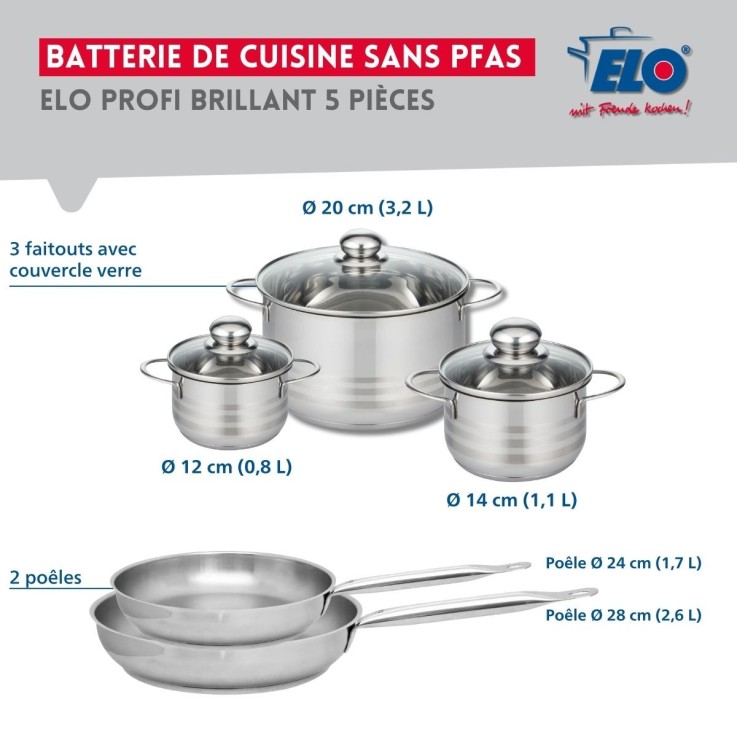 Batterie de cuisine Profi Brillant en inox - 2 poêles et 3 faitouts