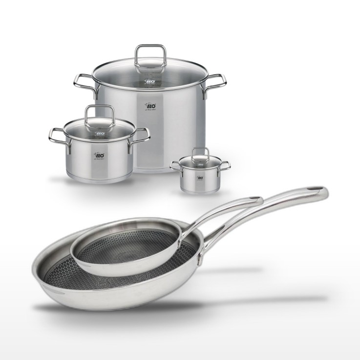 Batterie de cuisine Relief Evolution en inox - poêles 24/28 cm - faitouts 12/20/26 cm
