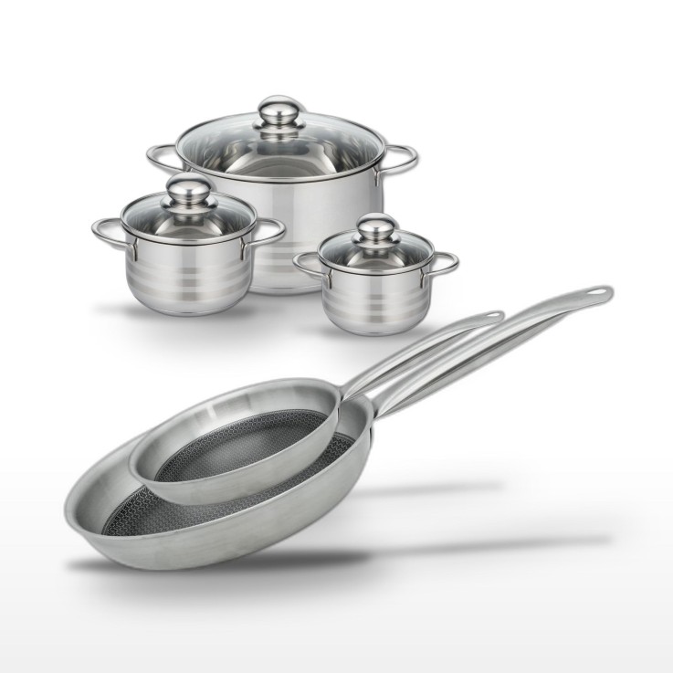 Batterie de cuisine Relief Solution en inox - 2 poêles, 3 faitouts - noire