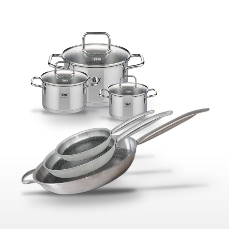 Batterie de cuisine Relief Solution Citrin en inox - 3 poêles - 3 faitouts