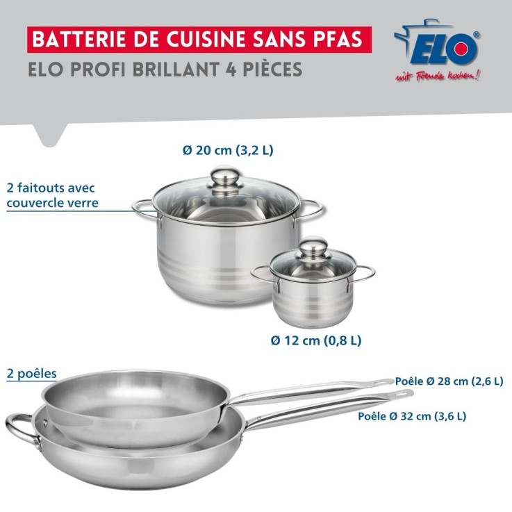 Batterie de cuisine Profi Brillant en inox - 2 poêles et 2 faitouts