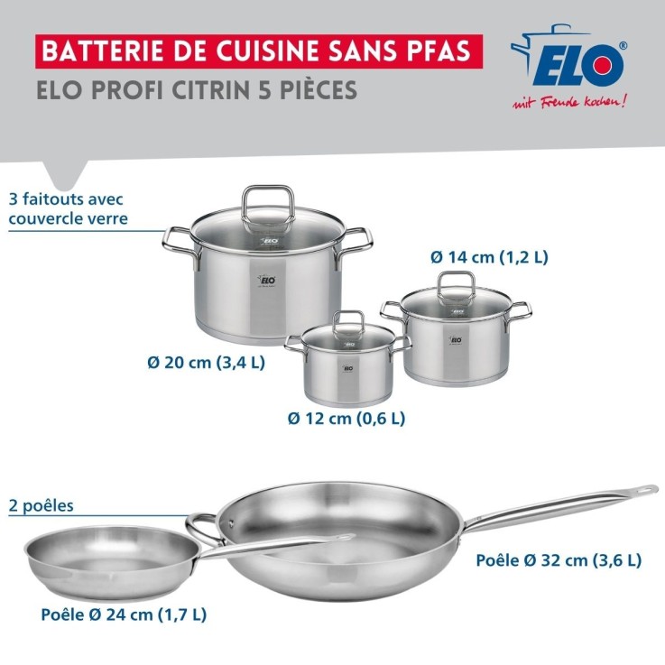 Batterie de cuisine Profi Citrin en inox - 2 poêles et 3 faitouts