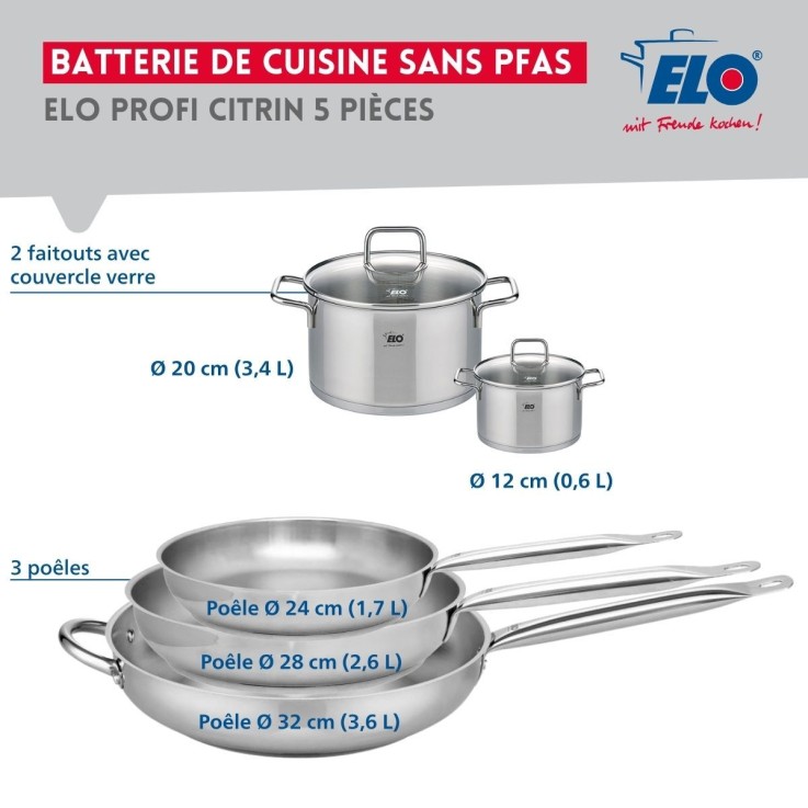 Batterie de cuisine Profi Citrin en inox - 3 poêles et 2 faitouts
