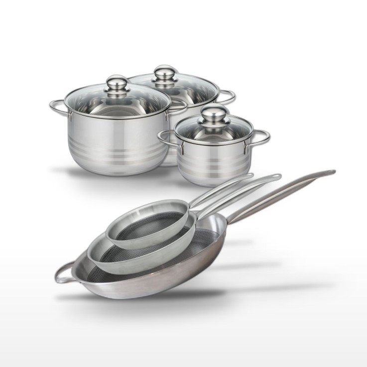 Batterie de cuisine Relief Solution en inox - 3 poêles et 3 faitouts