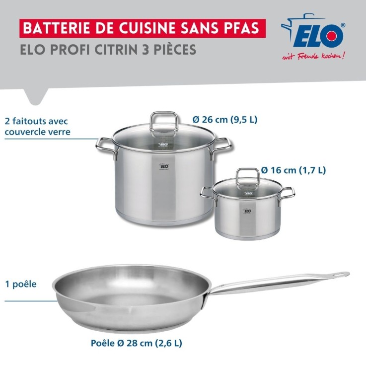 Batterie de cuisine Profi Citrin en inox - 28 cm - 16 et 26 cm
