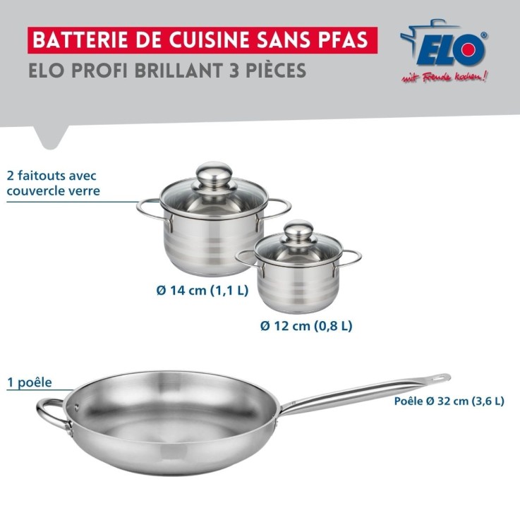 Batterie de cuisine Profi Brillant en inox - 12, 14 et 32 cm