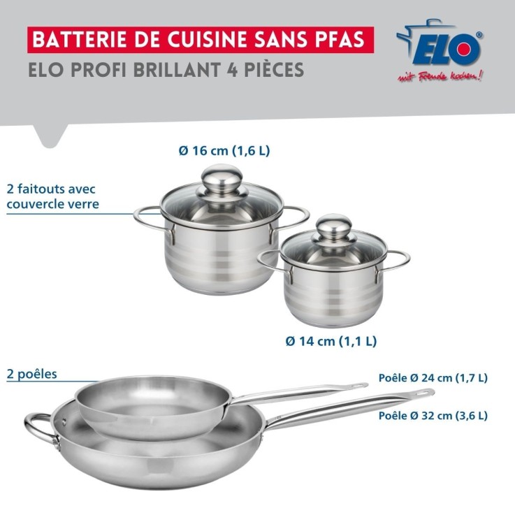 Batterie de cuisine Profi Brillant en inox - poêles et faitouts - 14/16/24/32 cm