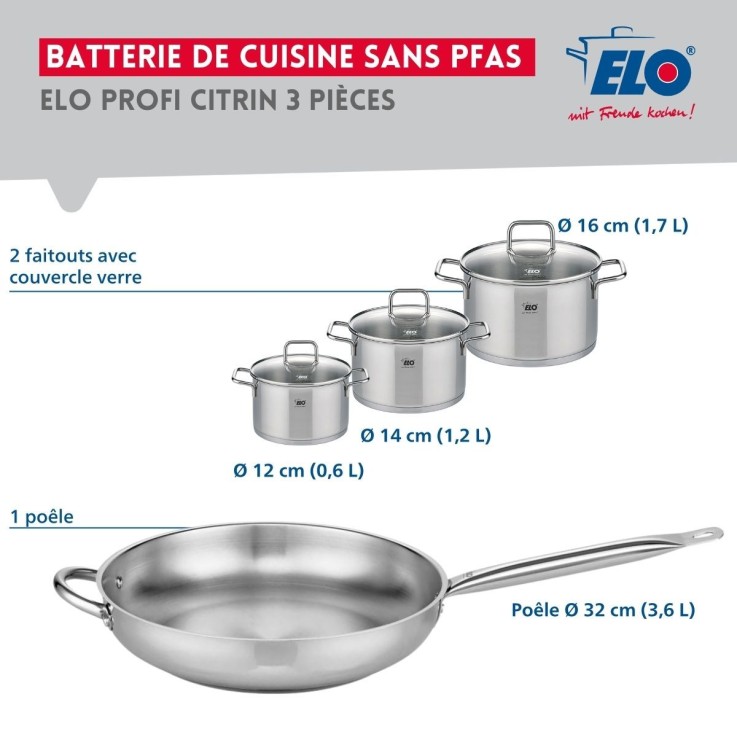 Batterie de cuisine Profi Citrin en inox - 4 pièces - poêle et faitouts