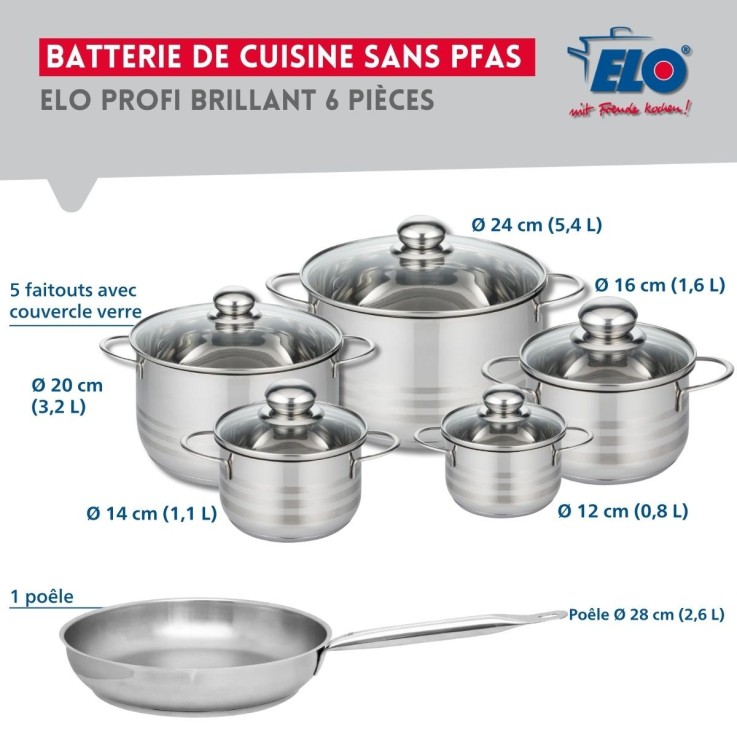 Batterie de cuisine Profi Brillant en inox - 6 pièces - poêle et faitouts