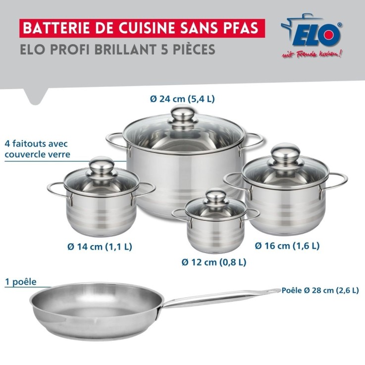Batterie de cuisine Profi Brillant en inox - 1 poêle et 4 faitouts
