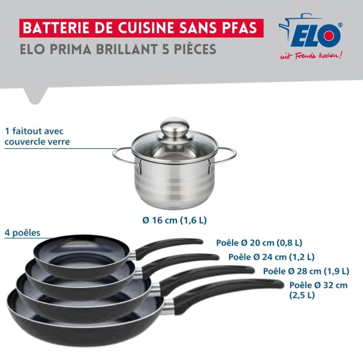 Batterie de cuisine Prima Brillant en aluminium et inox - 16, 20, 24, 28 et 32 cm - noire