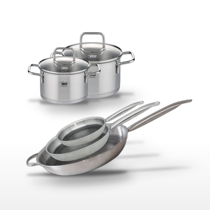 Lot de 3 poêles Relief Solution et 2 faitouts Citrin en inox