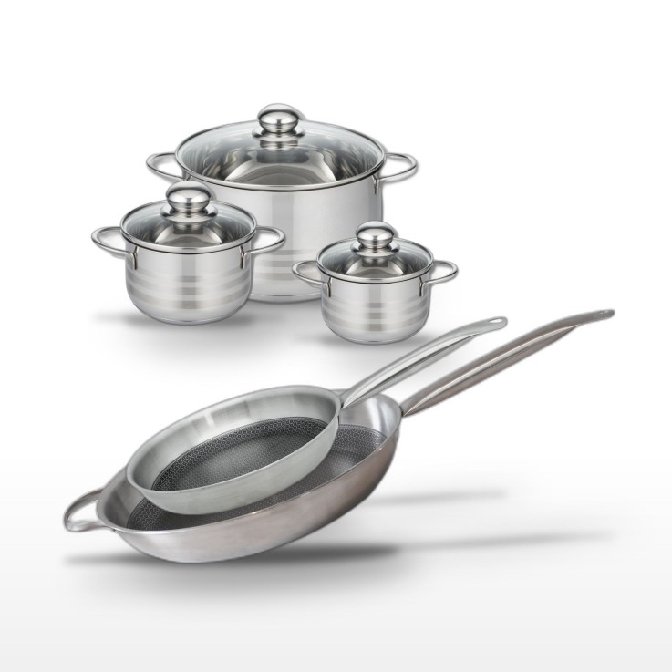 Batterie de cuisine Relief Solution en inox - 2 poêles et 3 faitouts