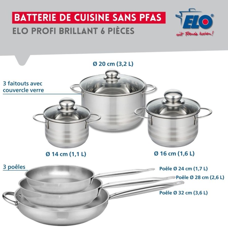 Batterie de cuisine Profi Brillant en inox - 3 poêles - 3 faitouts