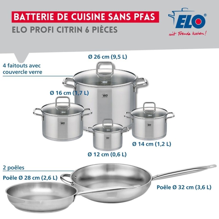 Batterie de cuisine Profi Citrin en inox - 2 poêles et 4 faitouts