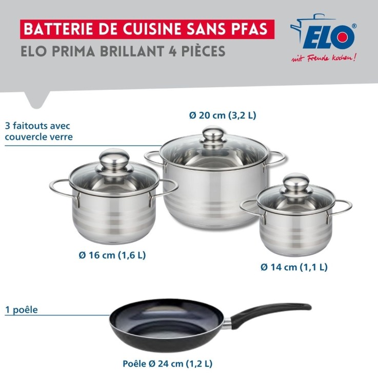 Batterie de cuisine Prima Brillant en aluminium et inox - 14/16/20/24 cm - noire