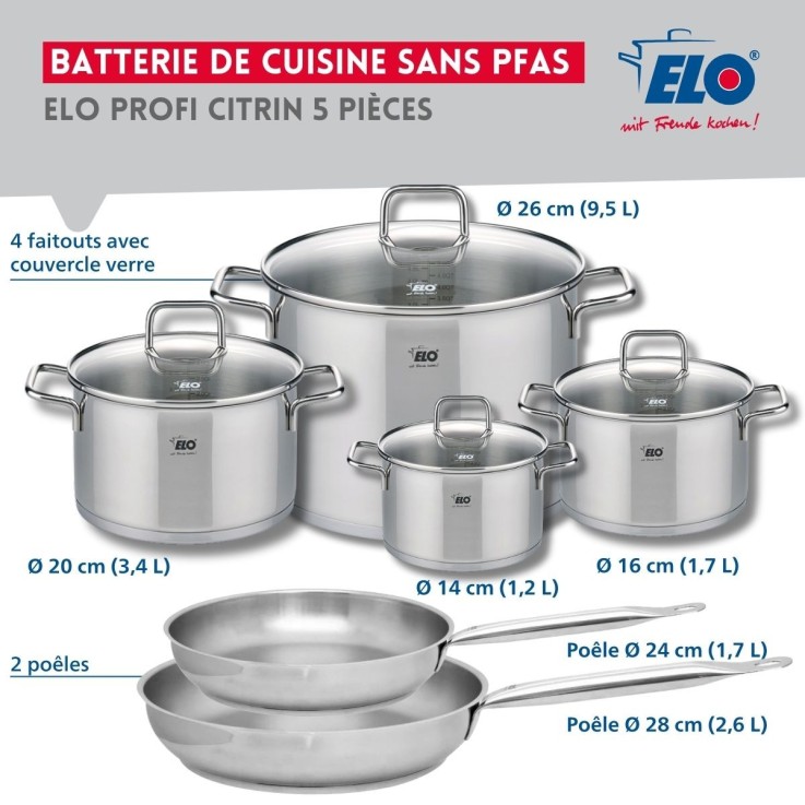 Batterie de cuisine Profi Citrin en inox - 2 poêles et 4 faitouts