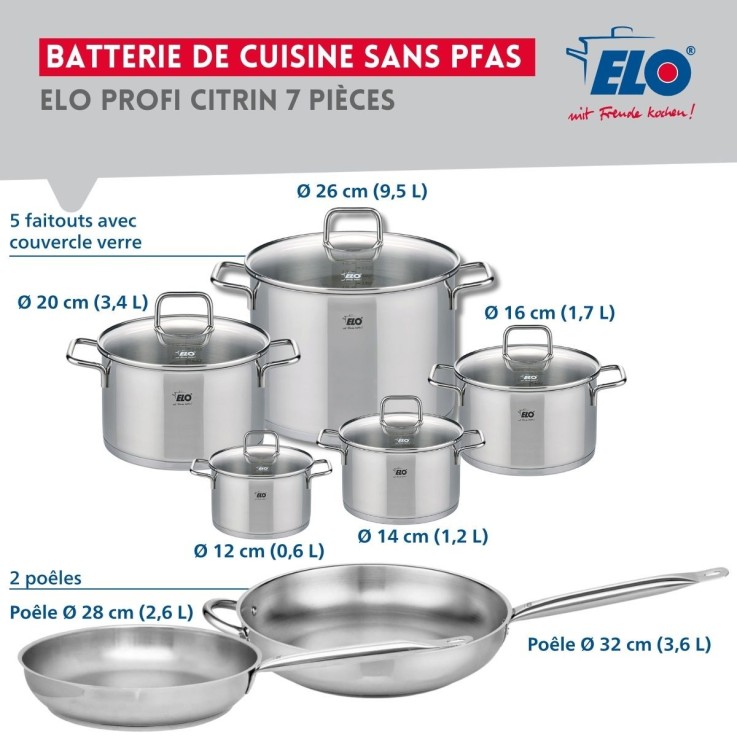 Batterie de cuisine Profi Citrin en inox - 2 poêles et 5 faitouts