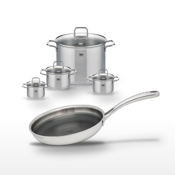 Batterie de cuisine Relief Evolution en inox - 1 poêle et 4 faitouts