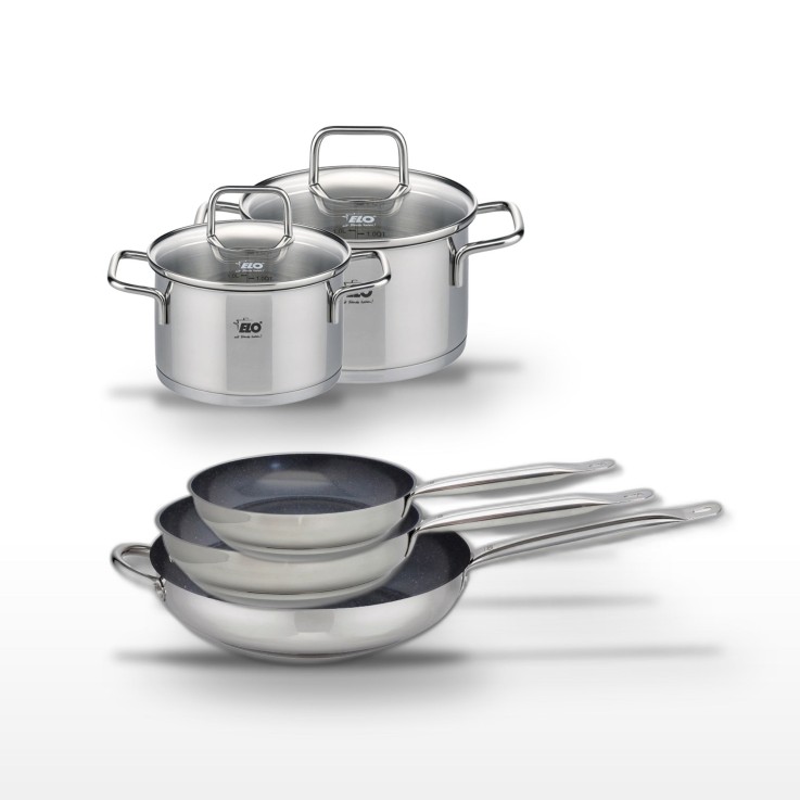 Batterie de cuisine Profi Therm Platinum en inox - 3 poêles, 2 faitouts